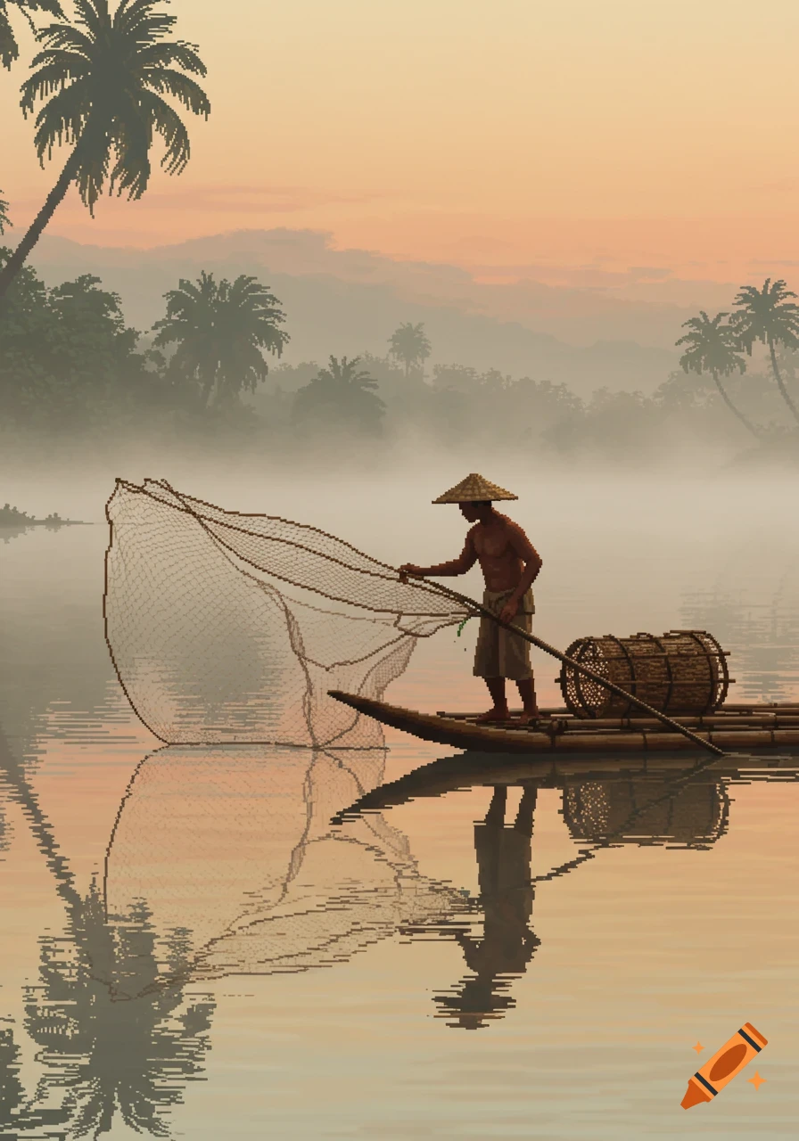 Pixel art of a Filipino fisherman casting a net from a bamboo raft at dawn on misty calm waters with palm silhouettes.
