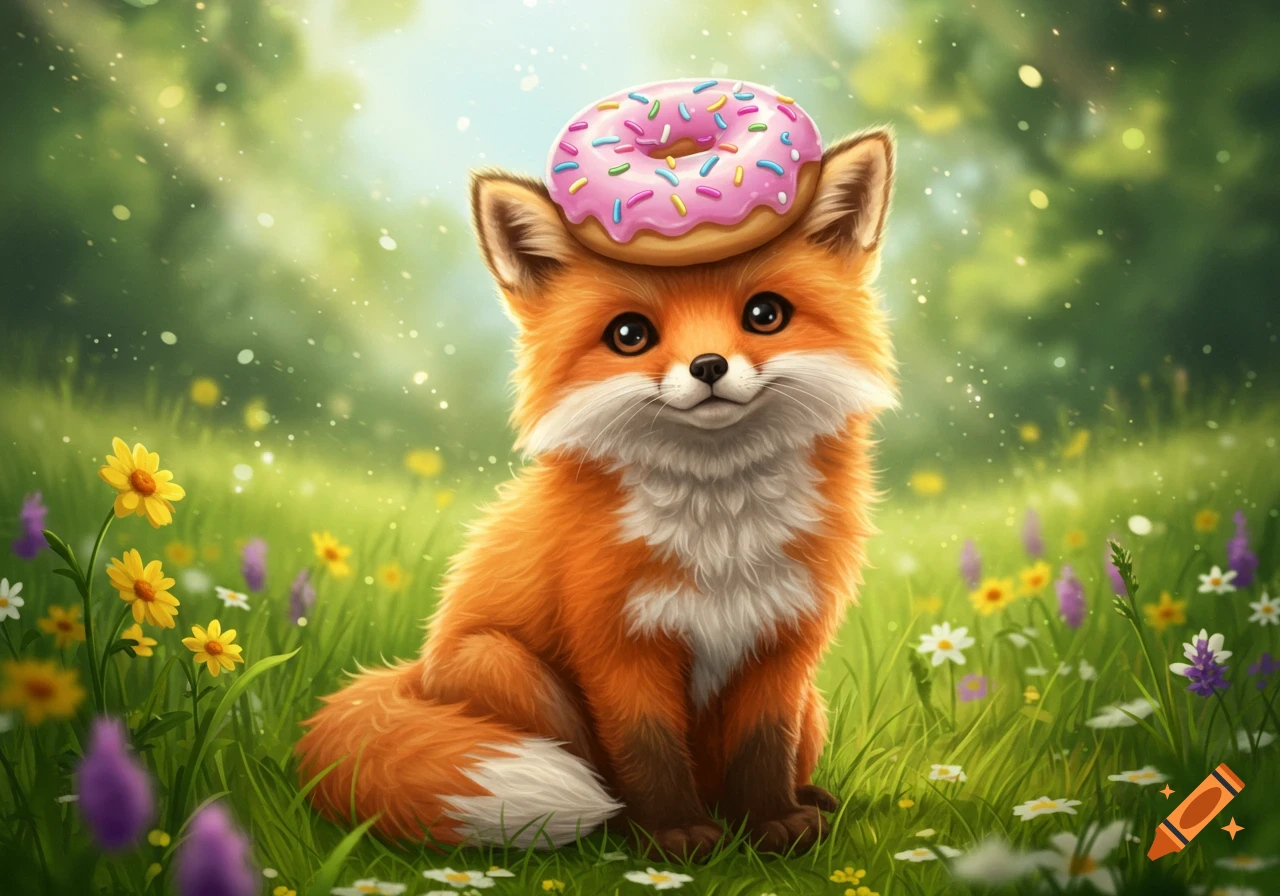 A cute cartoon red fox sits in a flower-filled meadow with a pink frosted donut on its head.