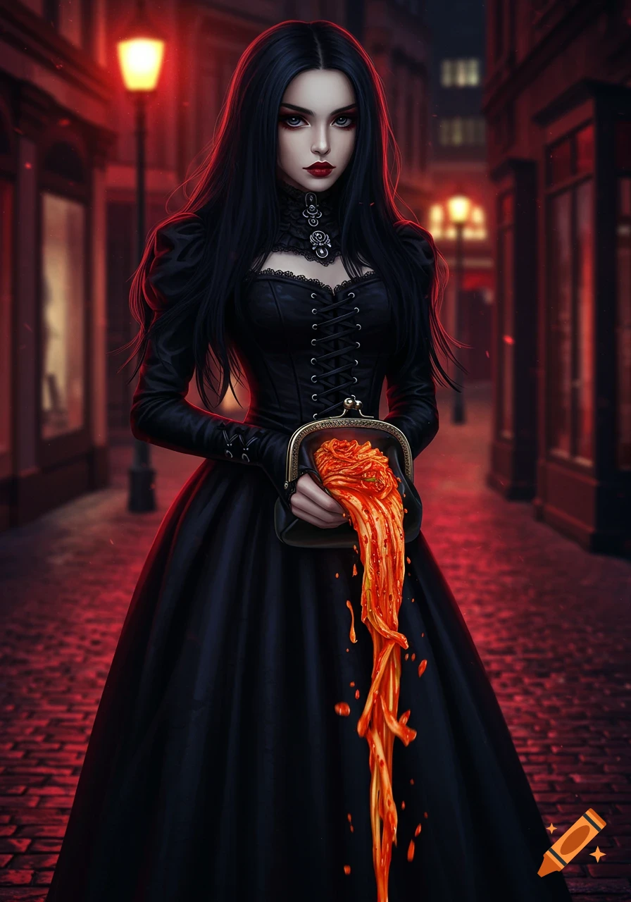 A goth girl in a black dress stands on a red-lit street, holding a purse overflowing with bright orange noodles. Stylized illustration.