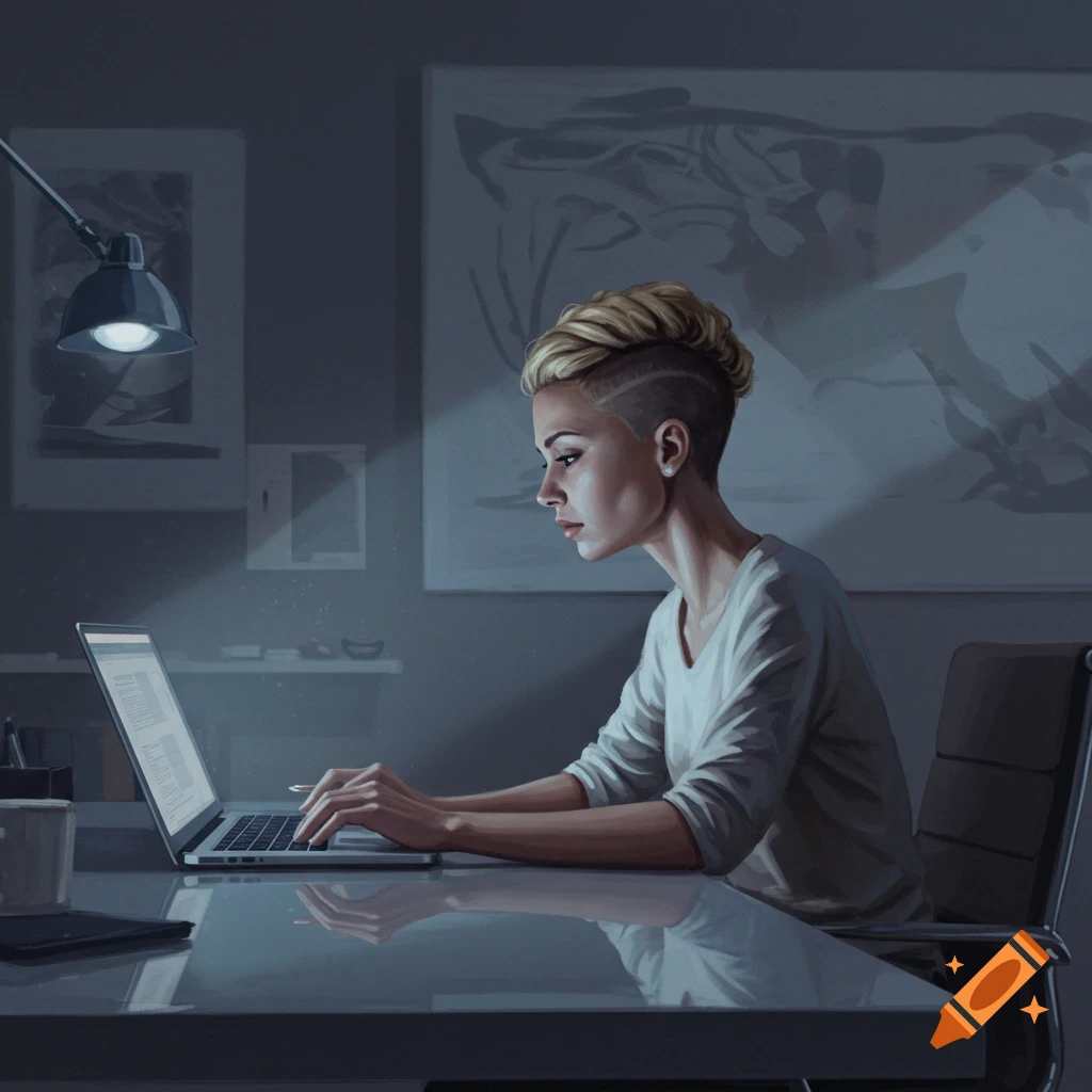 Blonde woman with short, undercut hair working on a laptop at a desk in a dark room, illuminated by a desk lamp. Digital art.