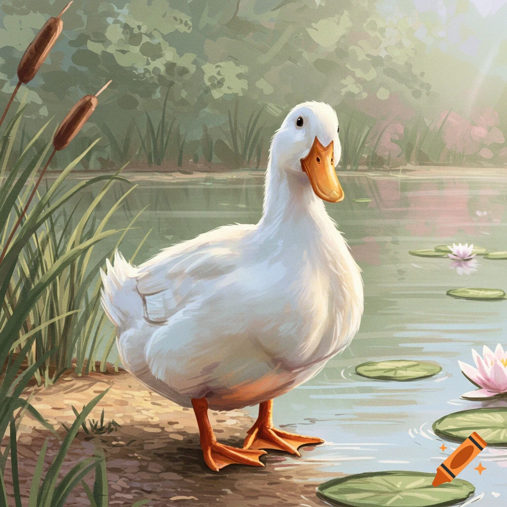 A white duck with a tilted head stands on the bank of a pond with water lilies and cattails in an illustrative style.