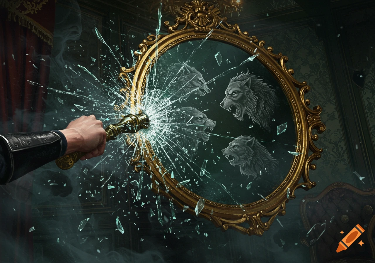 A hand smashes an ornate mirror reflecting snarling worgs in a dark, opulent room.