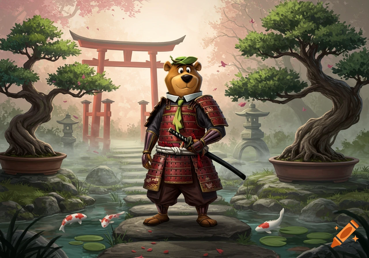Yogi Bear dressed as a samurai warrior stands in a serene Japanese garden with bonsai trees, a torii gate, and koi fish.