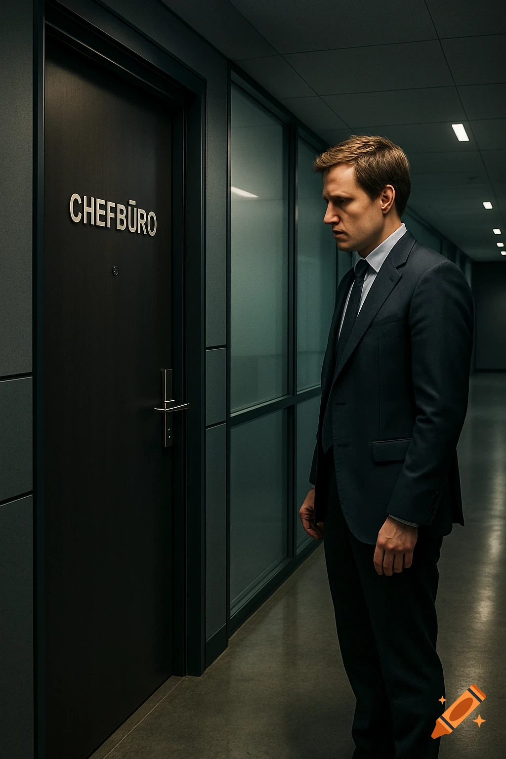 A man in a suit stands anxiously in a dimly lit modern office hallway, looking at a door labeled 'CHEFBÜRO'. Photorealistic style.