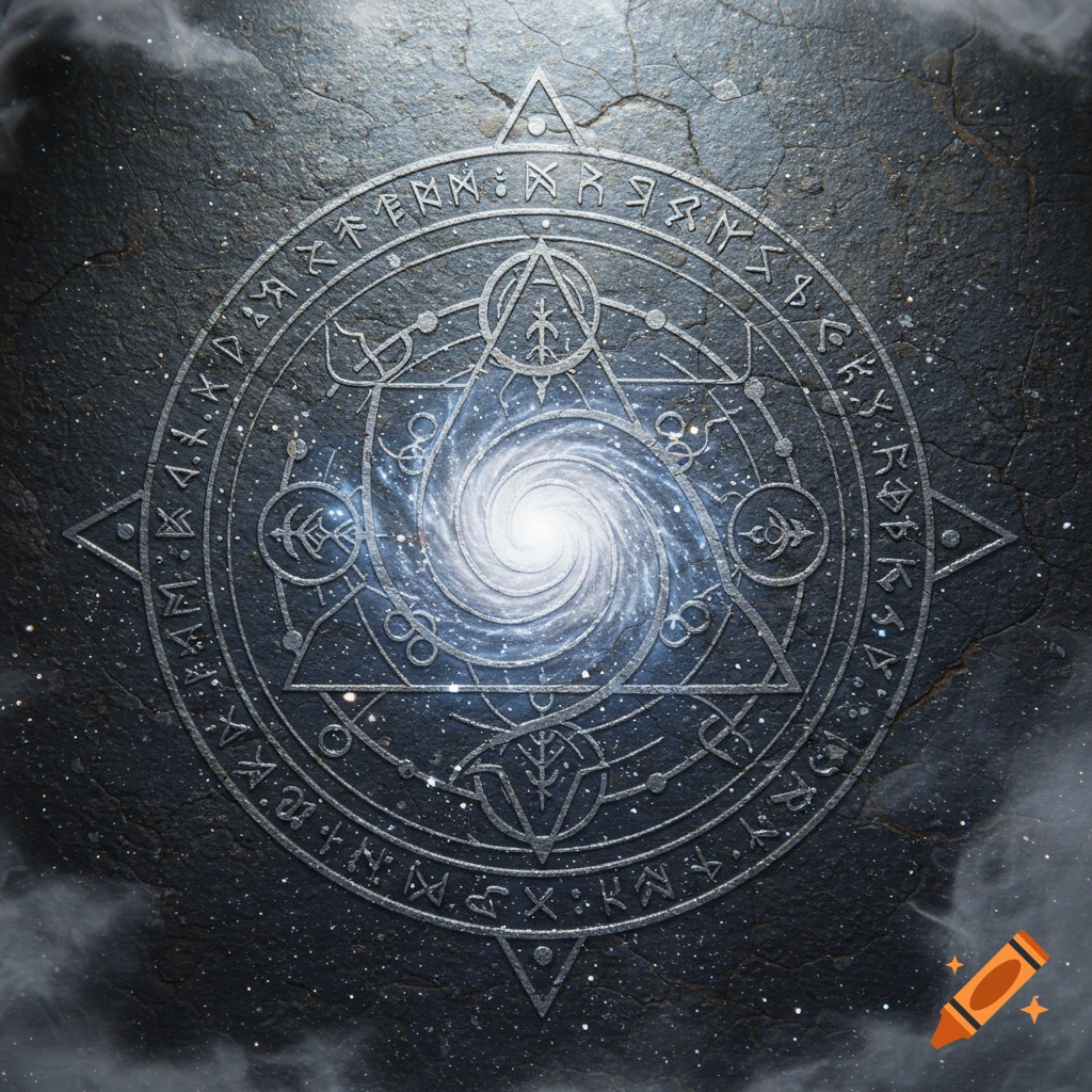 A mystical circular metallic symbol with runes around a swirling galaxy, set against a dark, cracked stone background with stars.