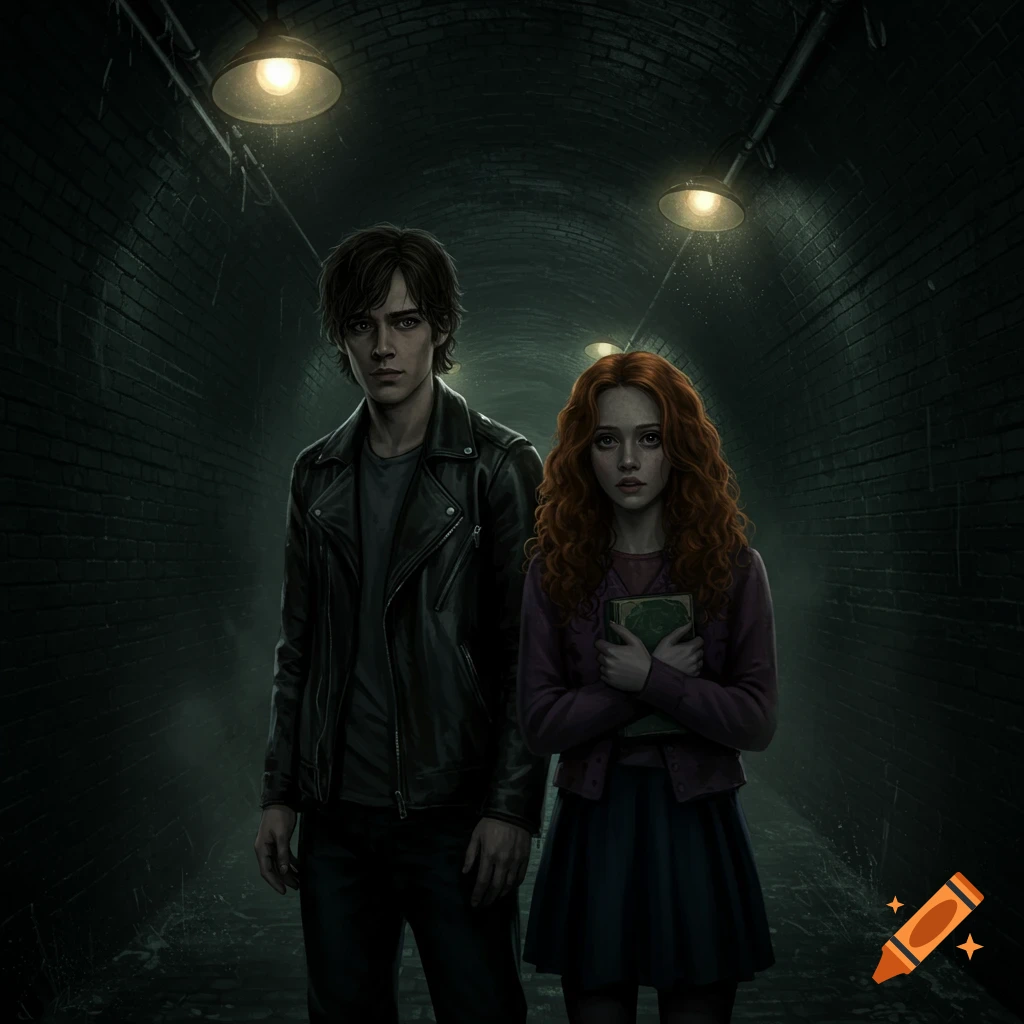 A young man in a leather jacket and a young woman with red curly hair holding a book stand in a dark, lamp-lit tunnel, in an illustration.