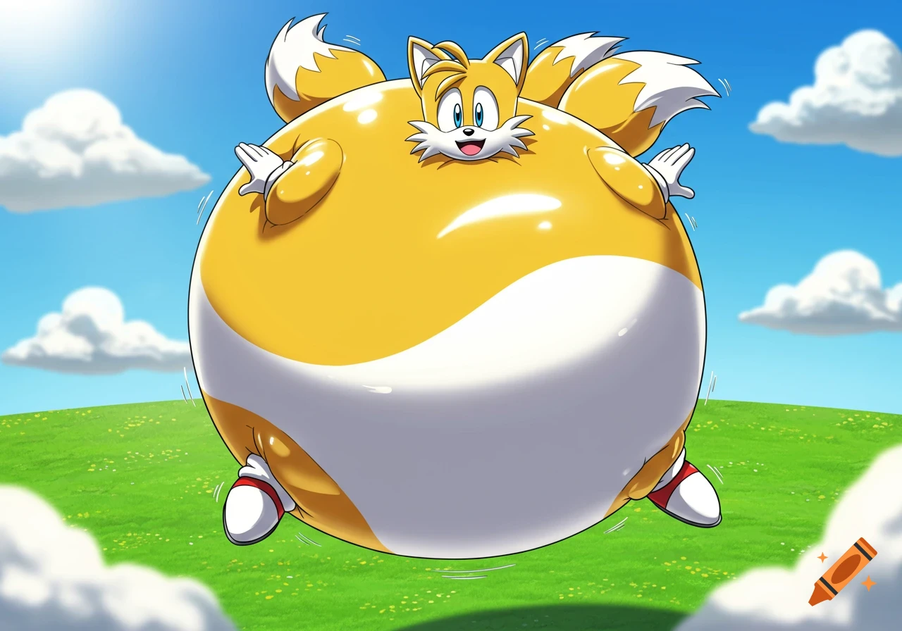 Cartoon character Tails, a fox, inflated like a giant balloon, floats above a green hill under a blue sky.