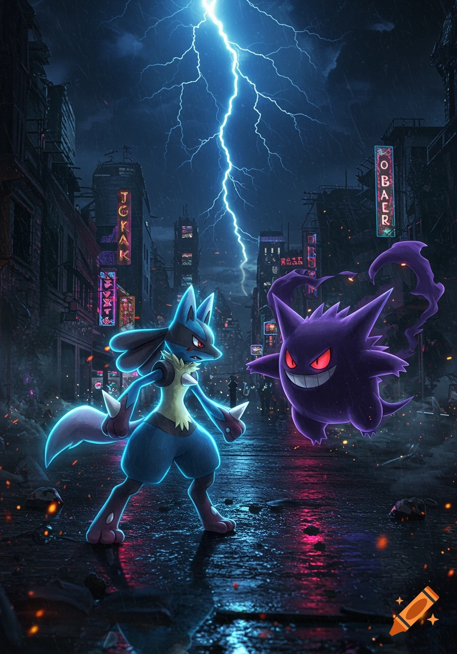 A blue Lucario and a purple Gengar face each other in a dark, rainy cyberpunk city as lightning strikes from above.
