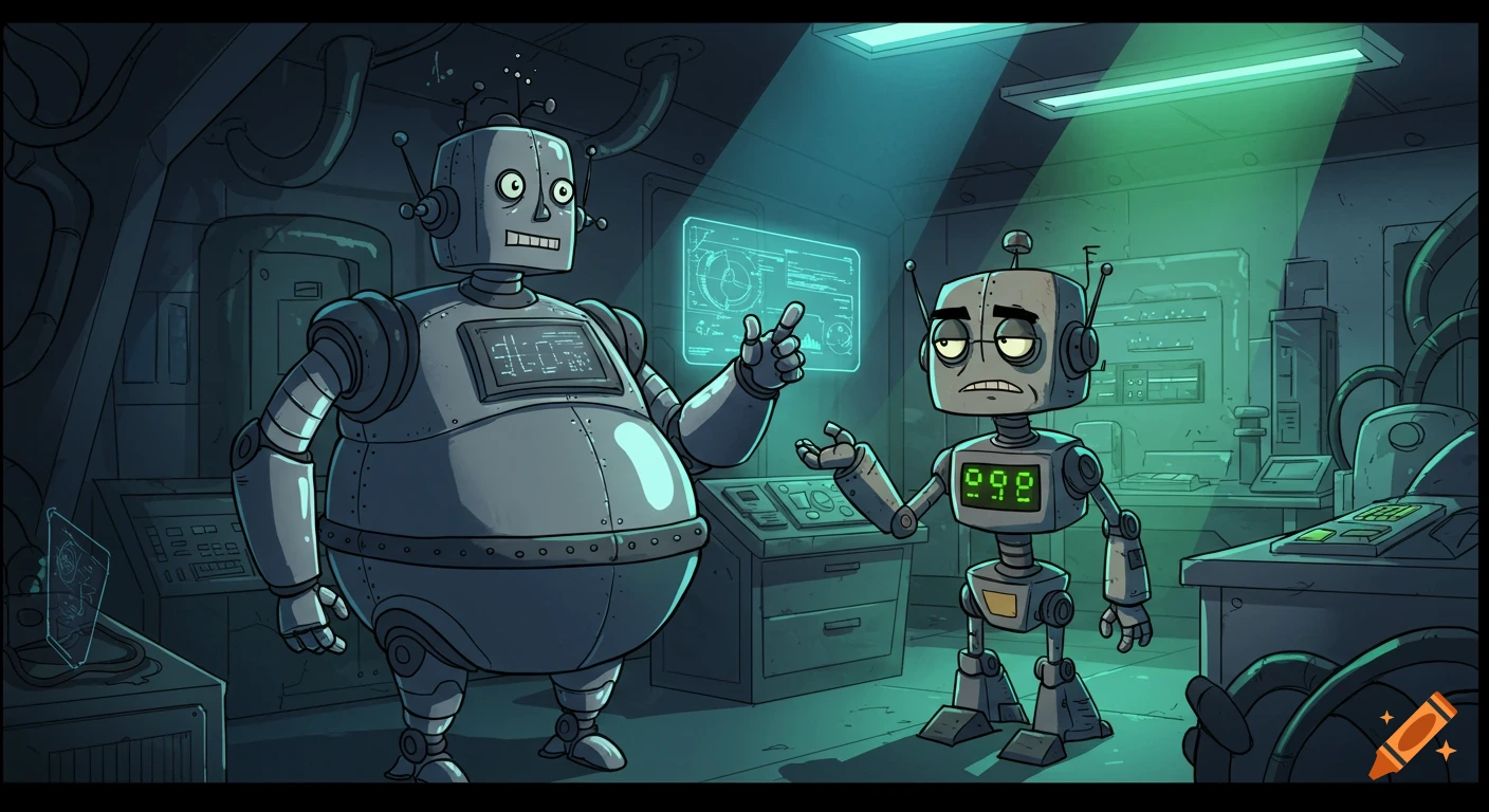 Two funny cartoon robots in a futuristic lab. A large, proud robot talks to a smaller, sarcastic robot, under green cinematic lighting.