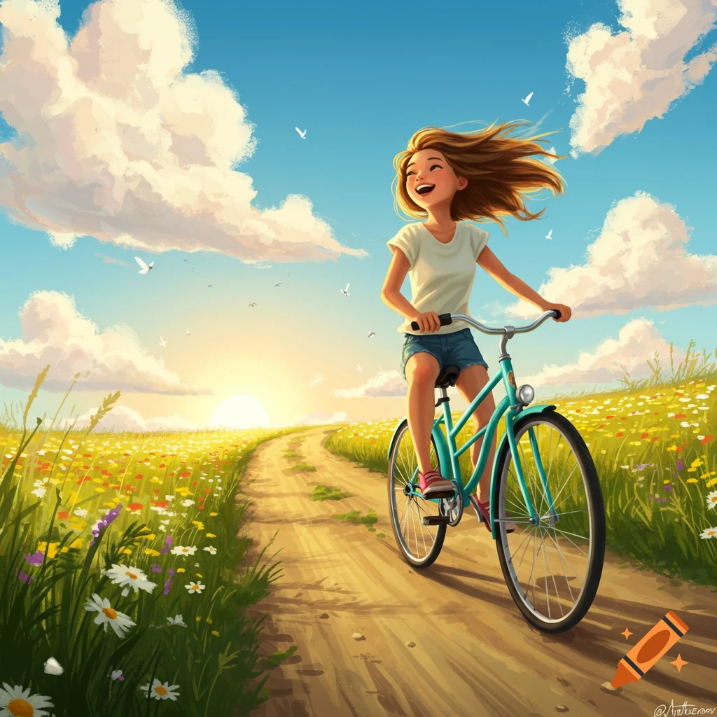 A happy girl rides a turquoise bicycle on a dirt path through a field of wildflowers under a bright sky at sunset, illustration.