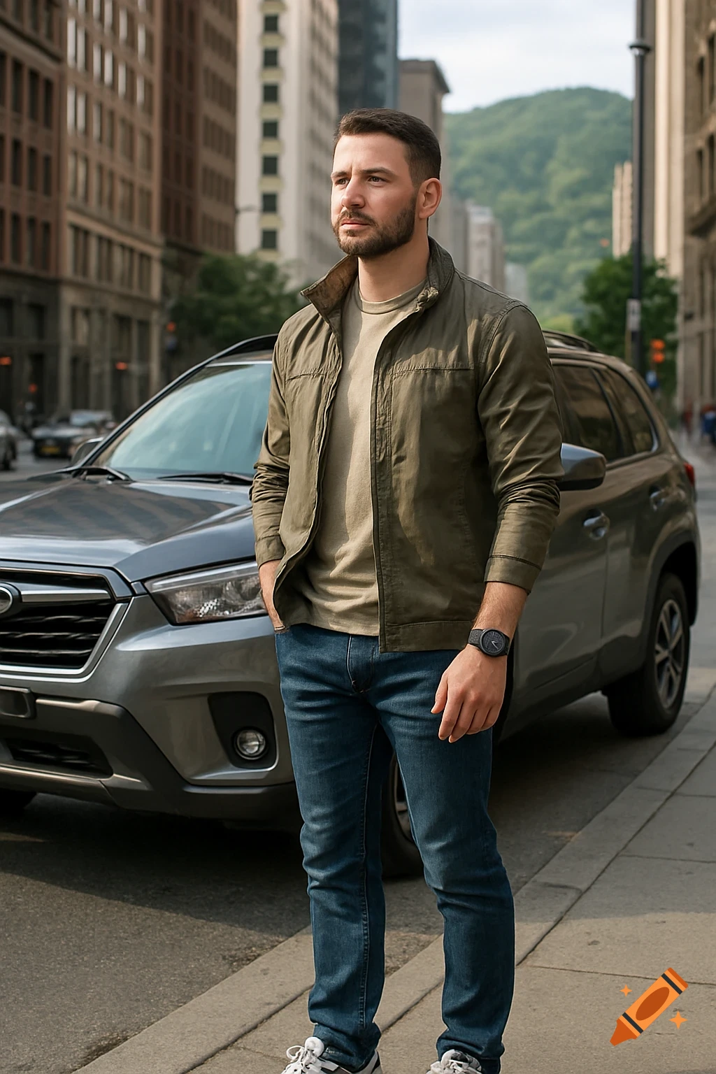 A man in a green jacket and jeans stands beside a silver SUV on a city street, with buildings and mountains in the background.