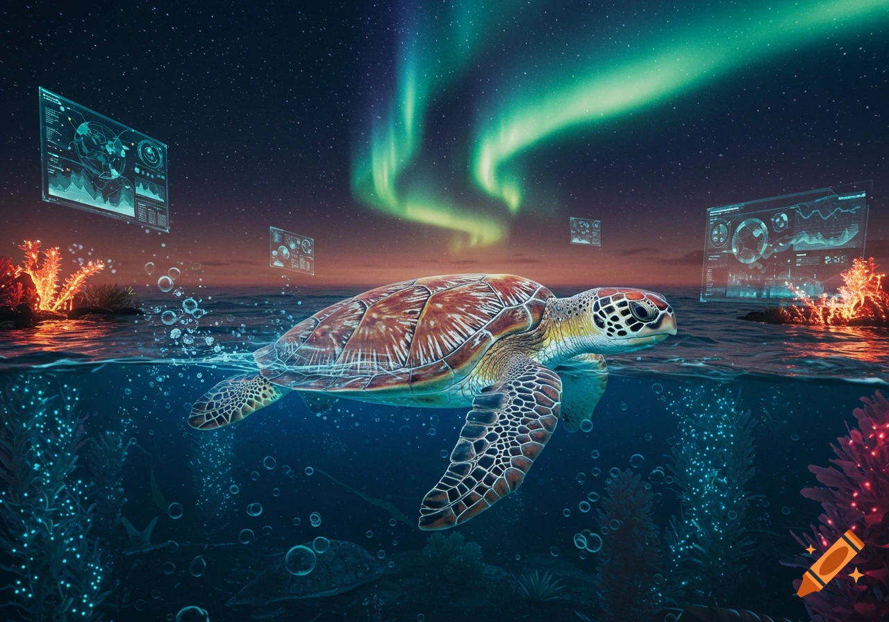 A sea turtle swims half-submerged in clear blue ocean water under a starry night sky with vibrant green aurora borealis. Holographic data screens float in the air, and luminous coral is seen in the water.