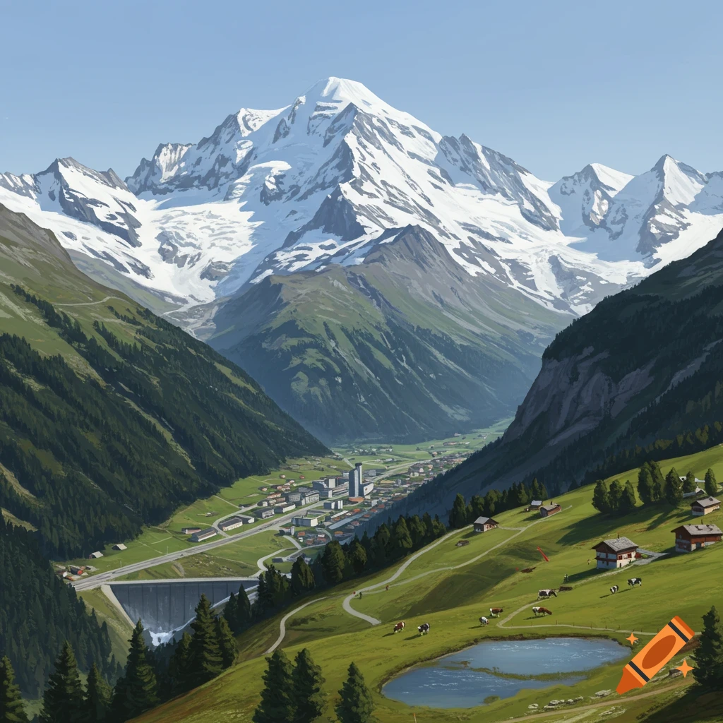 A detailed illustration of a vast mountain valley with snow-capped peaks, green forests, a town, a dam, and cows in alpine meadows.
