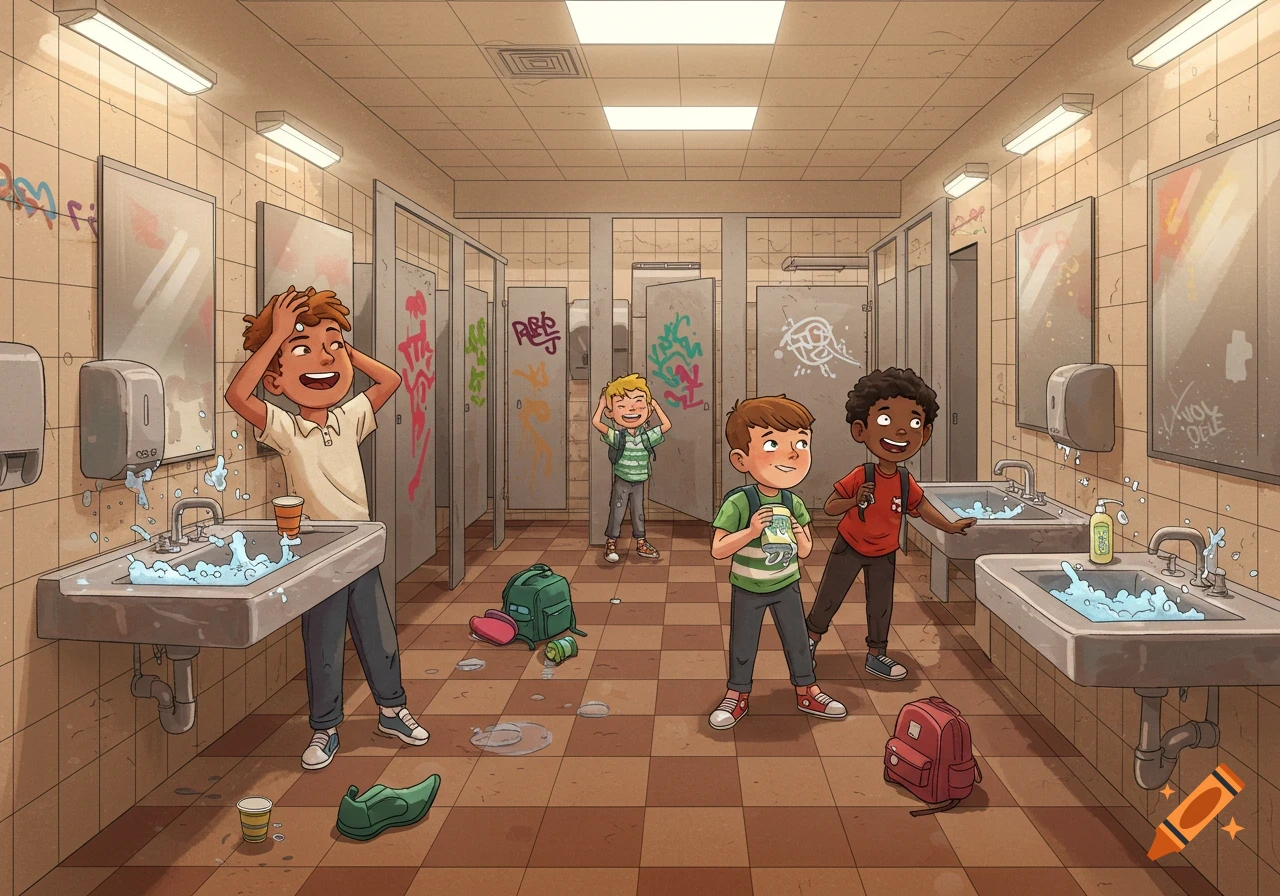 A cartoon illustration of four boys in a messy school bathroom with graffiti on the stalls, some playing with water at the sinks.