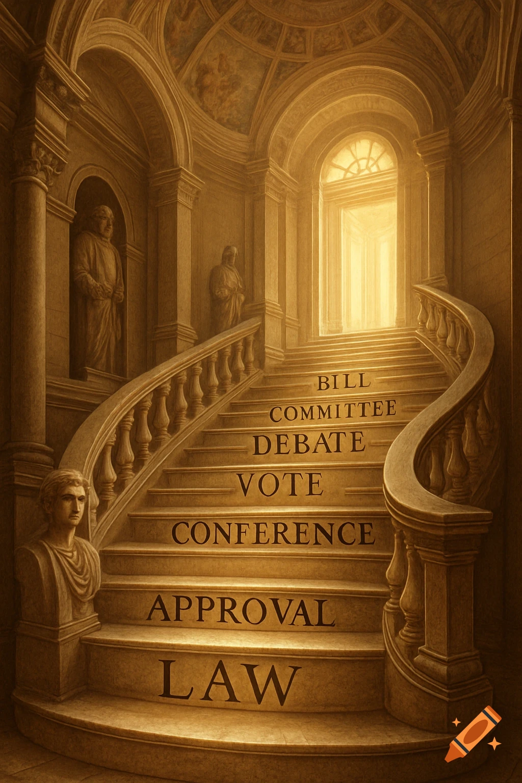 Grand, ornate staircase with words 'BILL' to 'LAW' on steps, representing the bill to law process, in a golden, symbolic style.