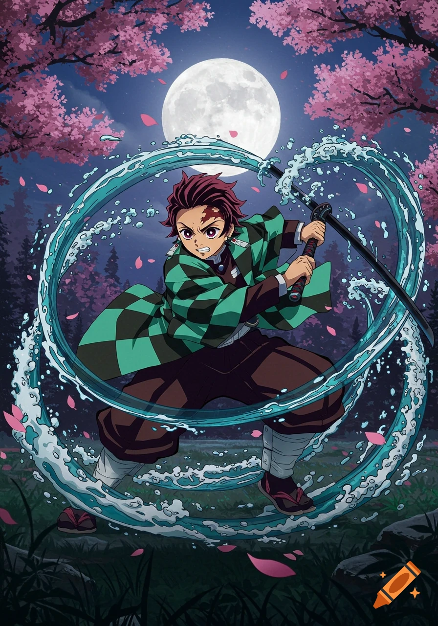 Tanjiro from Demon Slayer in a dynamic pose, performing a water breathing technique under a full moon and cherry blossoms.