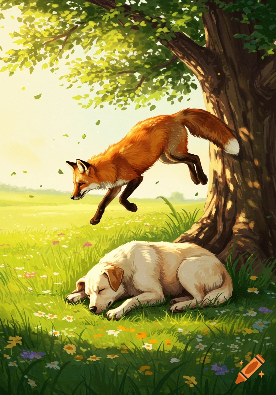 Vibrant illustration of a brown fox leaping over a sleeping yellow dog in a sunny, green field beside a tree.