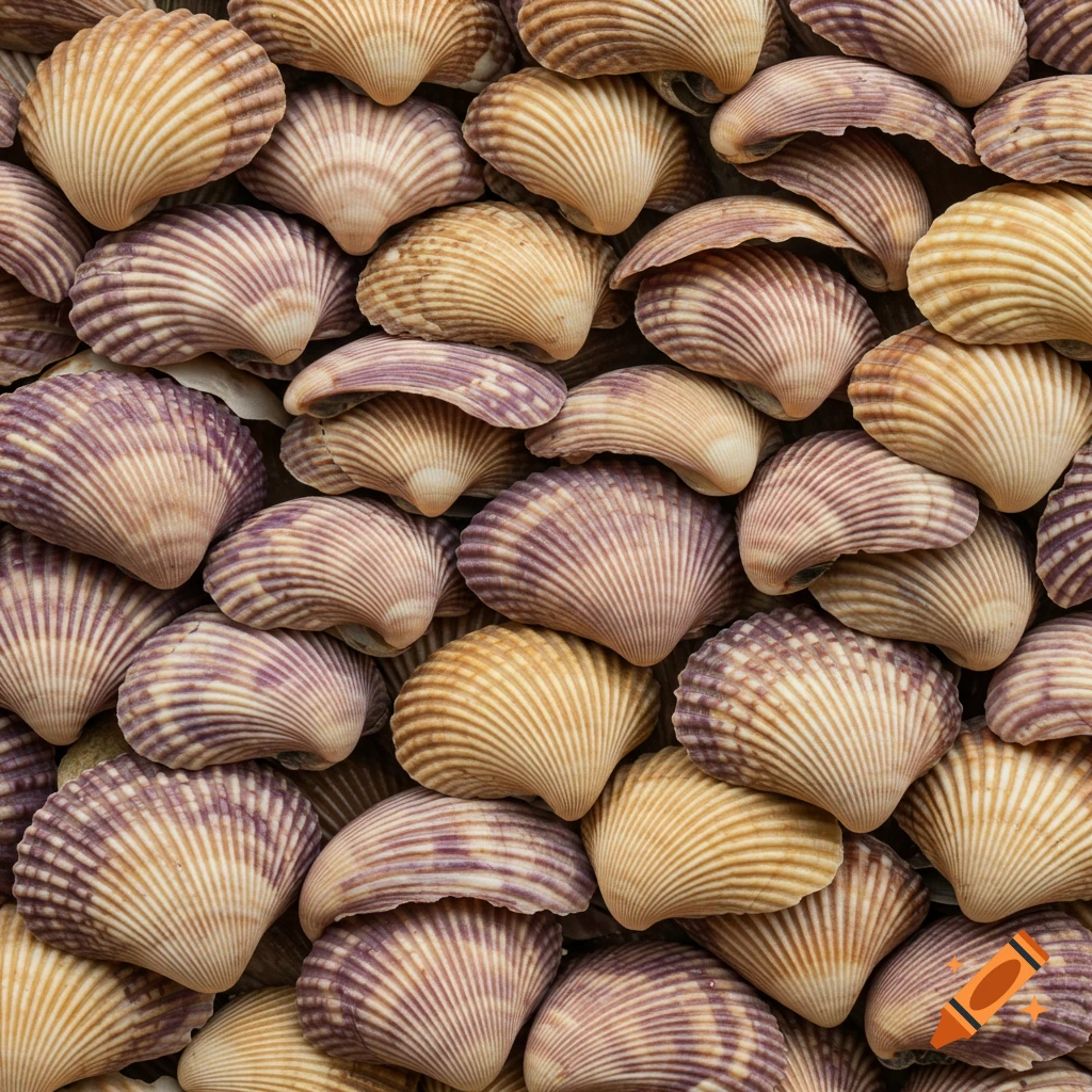 A close-up, photorealistic, repeating pattern of striped purple, white, and ochre seashells.