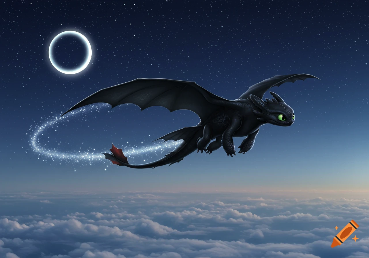 A black cartoon dragon with green eyes flies above clouds at night, leaving a sparkling trail, with a bright ring-shaped moon and stars.