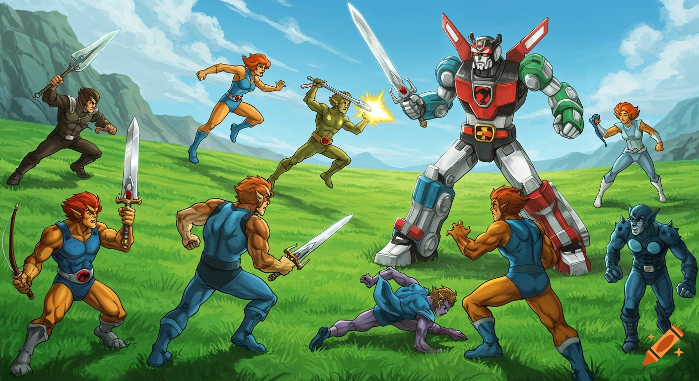 A vibrant retro cartoon scene of ThunderCats characters battling Voltron on a green field under a blue sky.