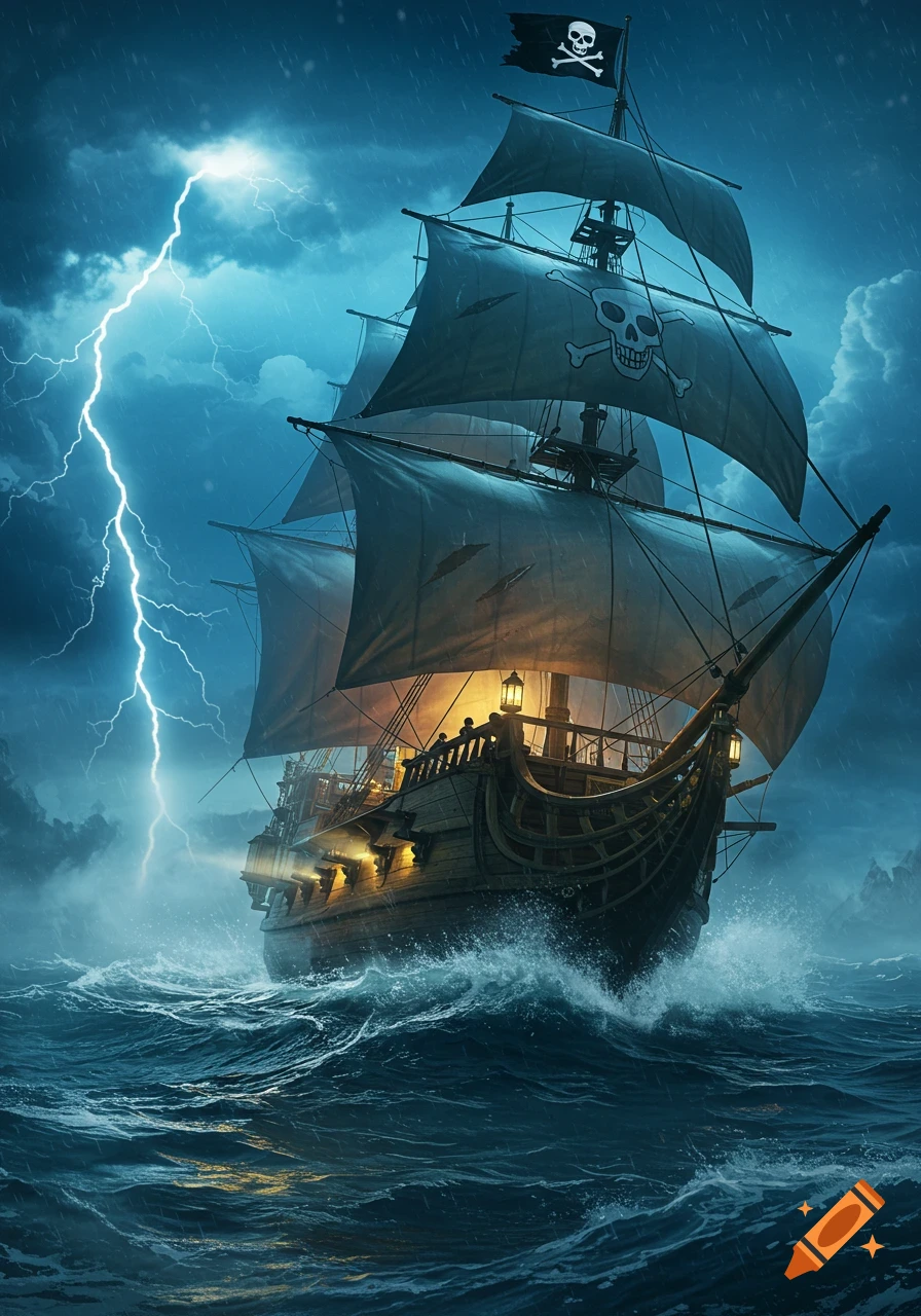 A pirate ship with a Jolly Roger flag sails through a stormy, lightning-filled sea at night.