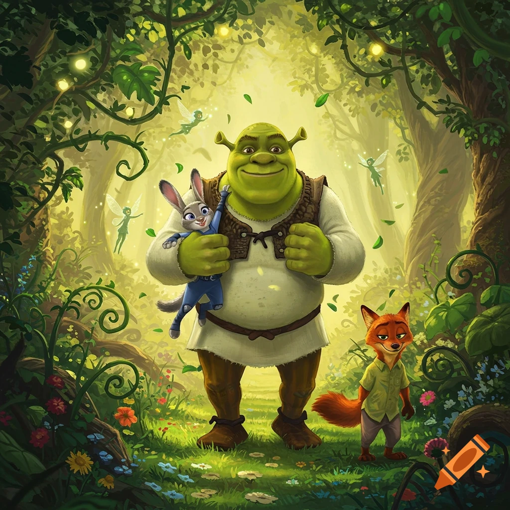 Shrek carries Judy Hopps as Nick Wilde stands in a vibrant, enchanted forest with glowing fairies.
