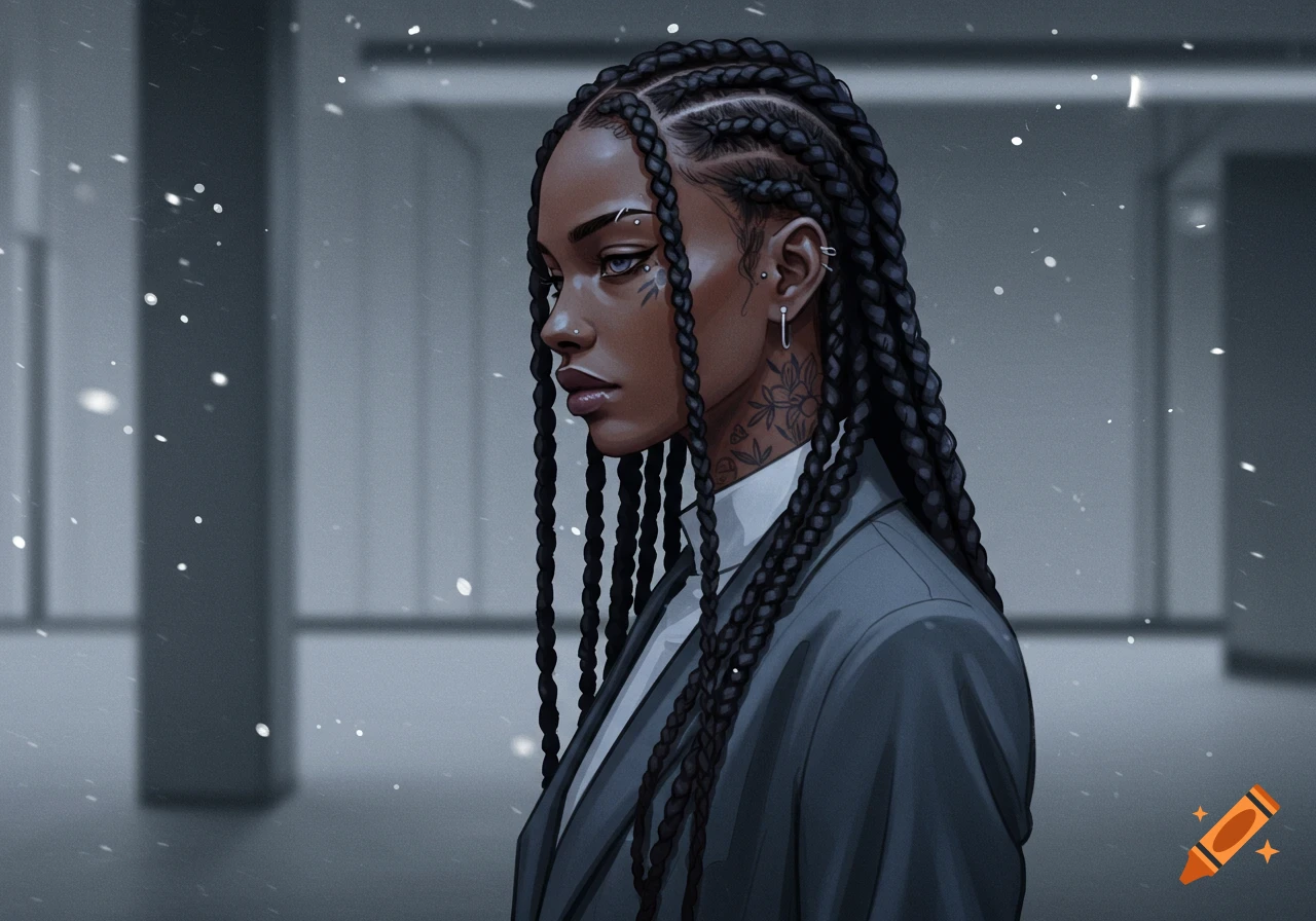 Digital art portrait of a dark-skinned woman with long braids, subtle tattoos, and facial piercings, wearing a gray suit, looking left in a cold-toned setting.