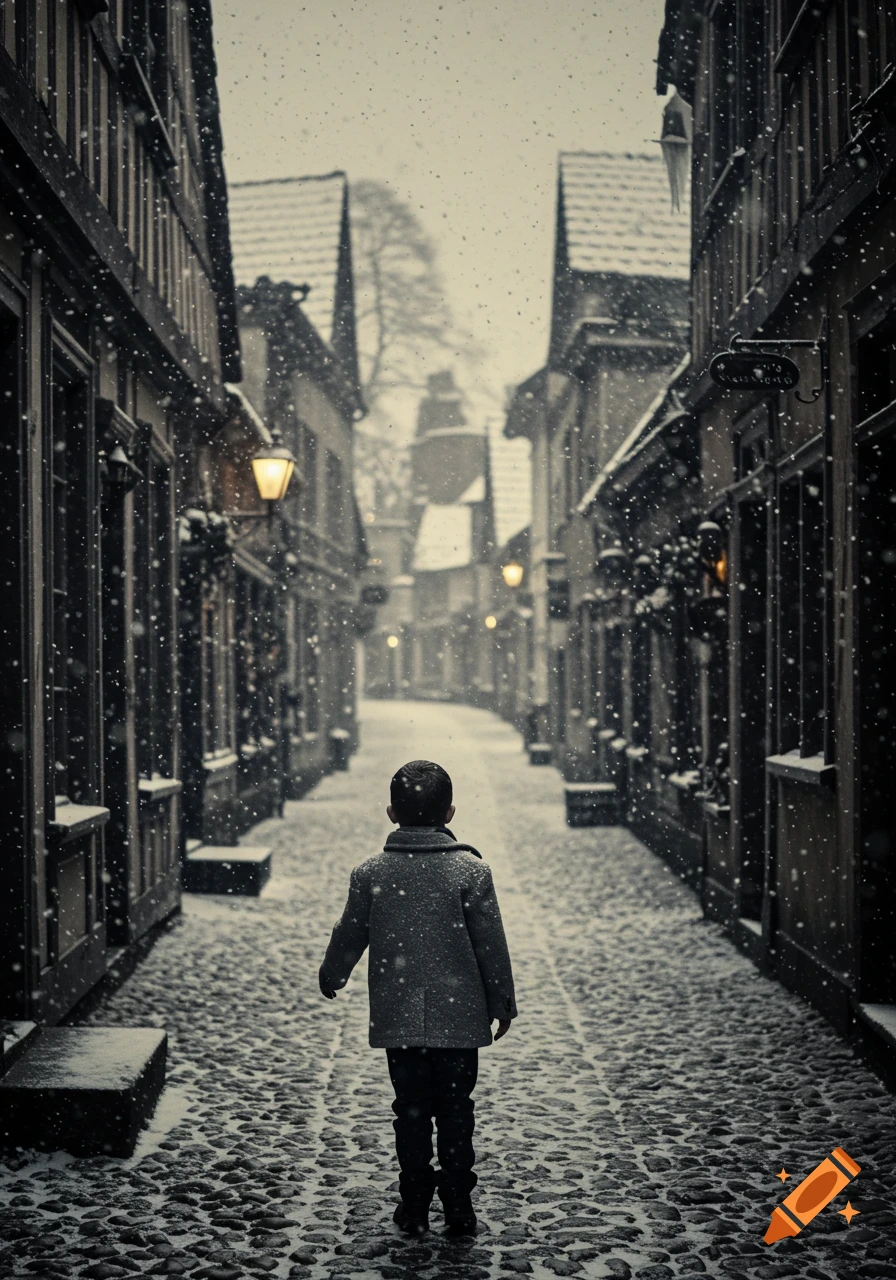 A young boy walks down a narrow, snowy cobblestone street flanked by old buildings.