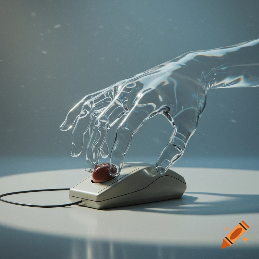 A translucent, glass-like hand with long fingers rests on a retro trackball mouse in a photorealistic style.