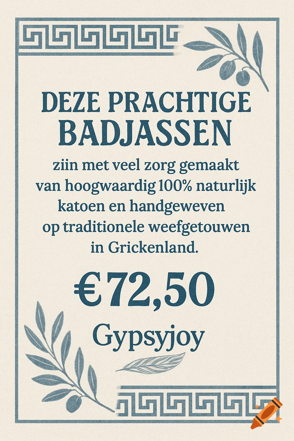 A vintage-style price tag for bathrobes with Greek key borders, olive branches, and text in Dutch including a price of "€72,50" and the brand "Gypsyjoy".