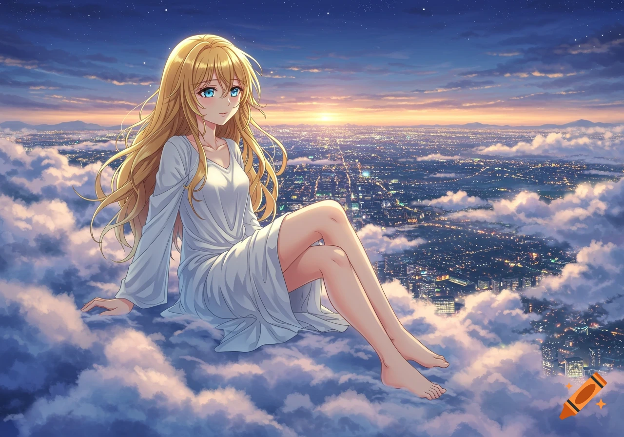 Anime woman with long blonde hair and blue eyes, wearing a white dress, sitting barefoot on clouds above a city at sunset.