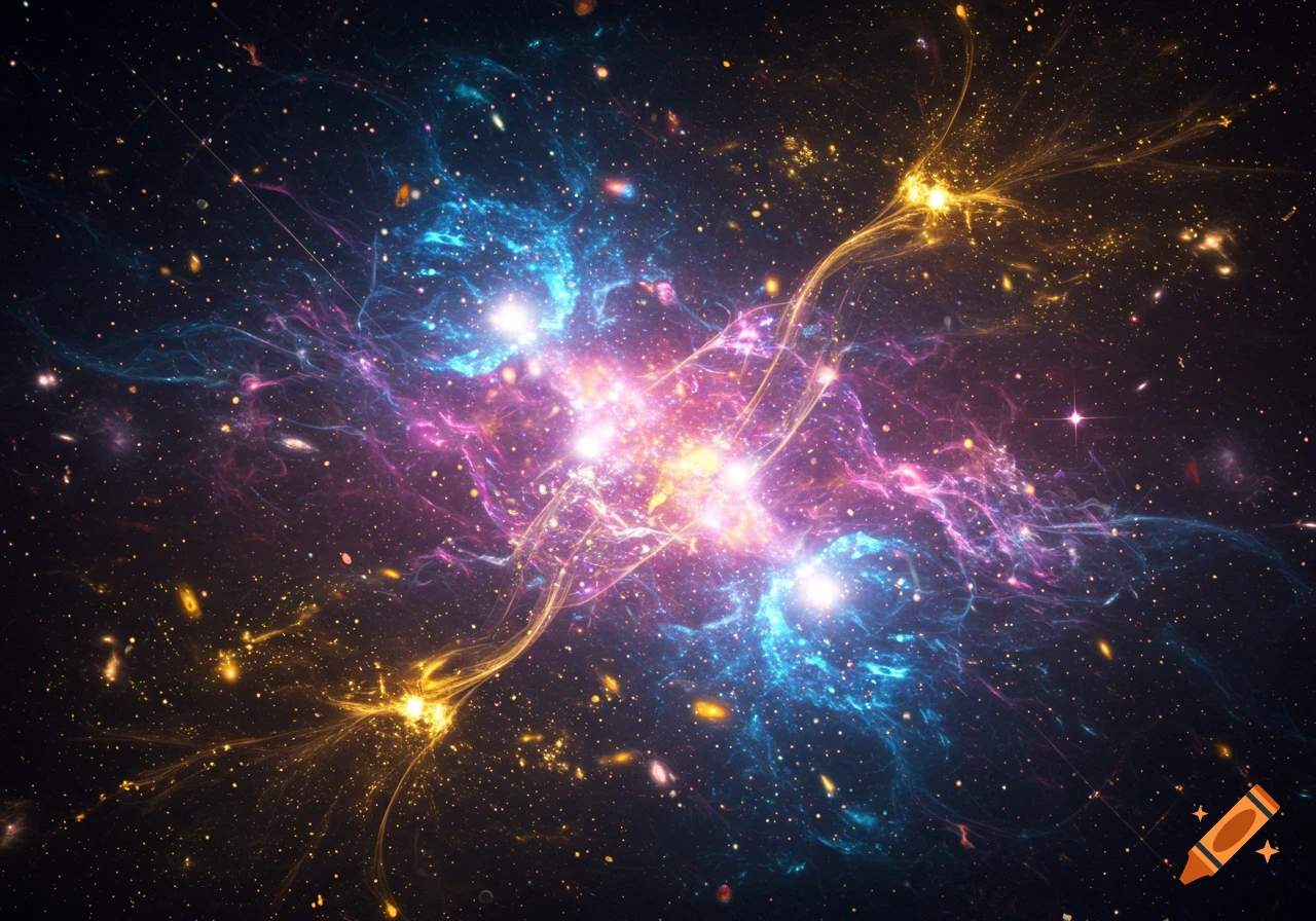 A vibrant cosmic nebula bursts with blue, pink, and yellow light amidst countless stars in a dark galaxy.