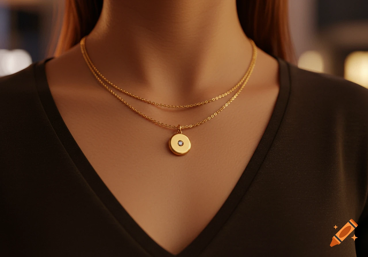 Close-up of a woman's neck and chest, wearing a layered gold chain necklace with a circular gold pendant featuring a blue gem.