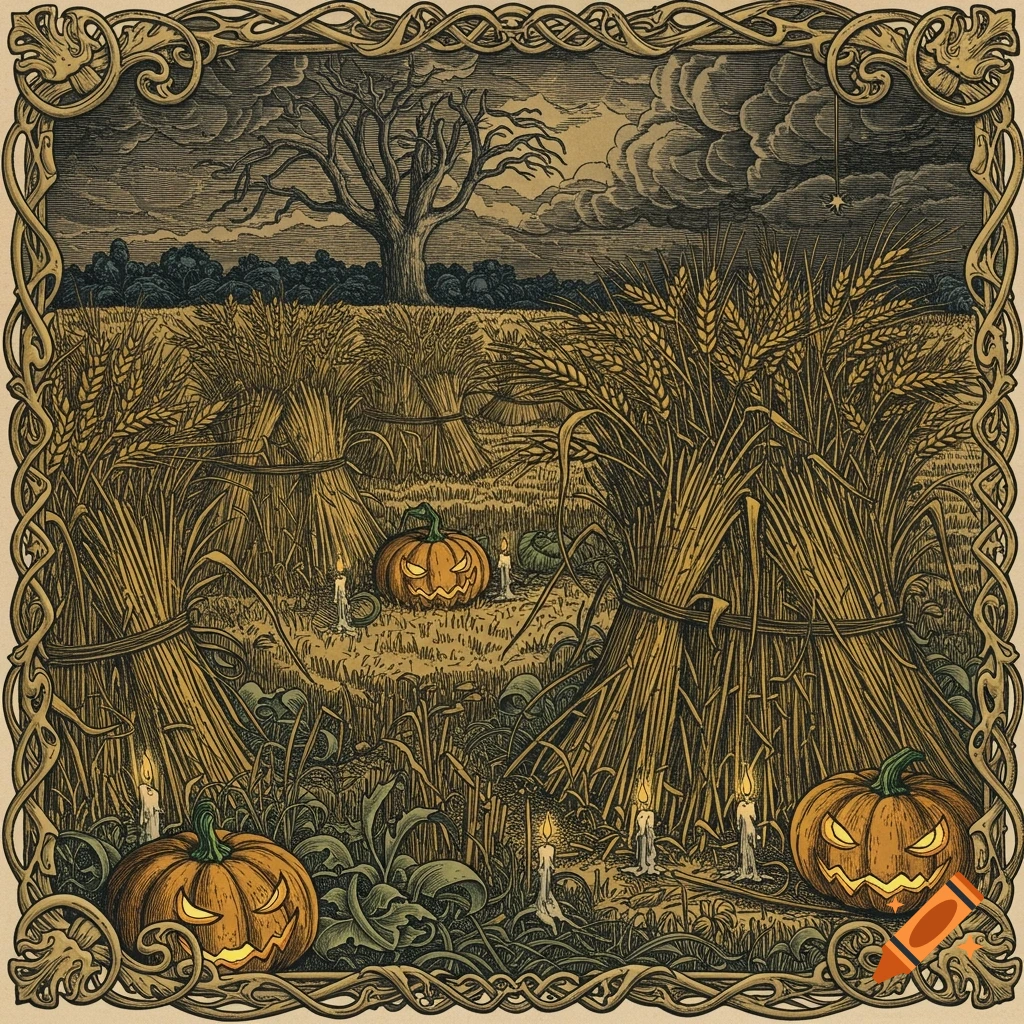 Albrecht Dürer style engraving of a spooky Halloween harvest scene with jack-o'-lanterns, wheat sheaves, and candles under a cloudy night sky.