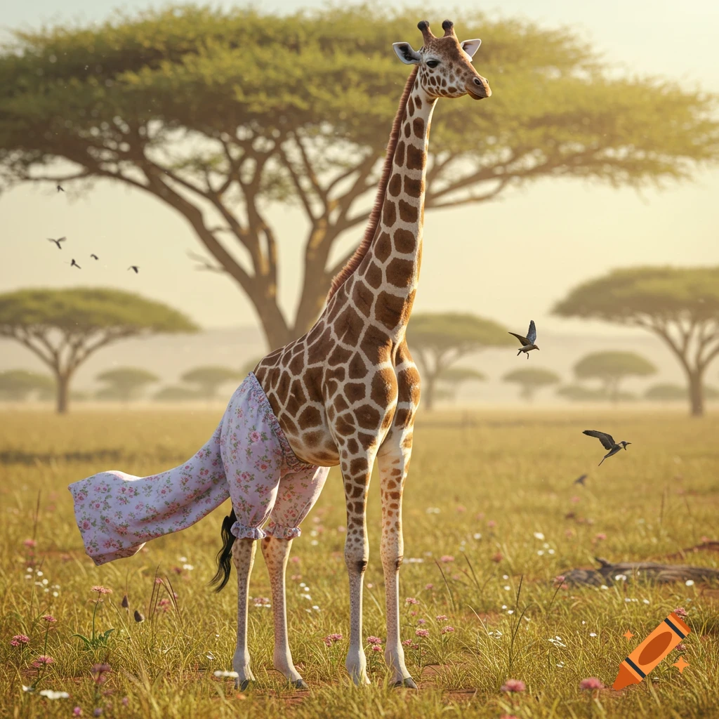A photorealistic giraffe in pink floral bloomers stands in a sunny savanna with acacia trees and birds.