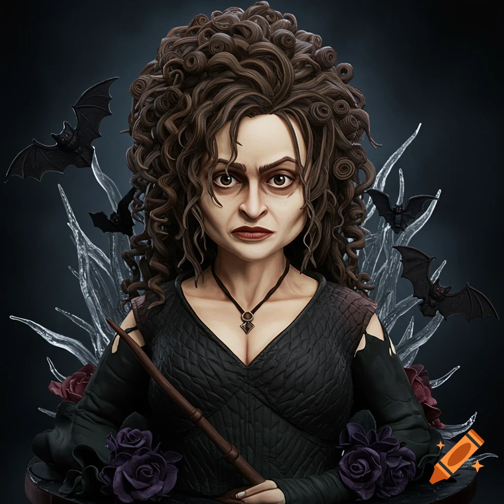Sculpted cake bust of Bellatrix Lestrange with curly dark hair, holding a wand, bats, and dark roses.