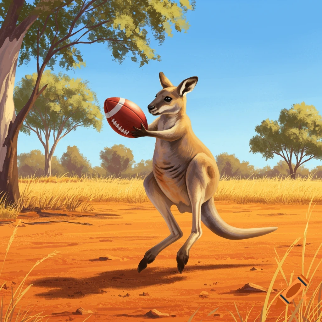 A kangaroo catches an American football in a dry, grassy field with trees under a blue sky.