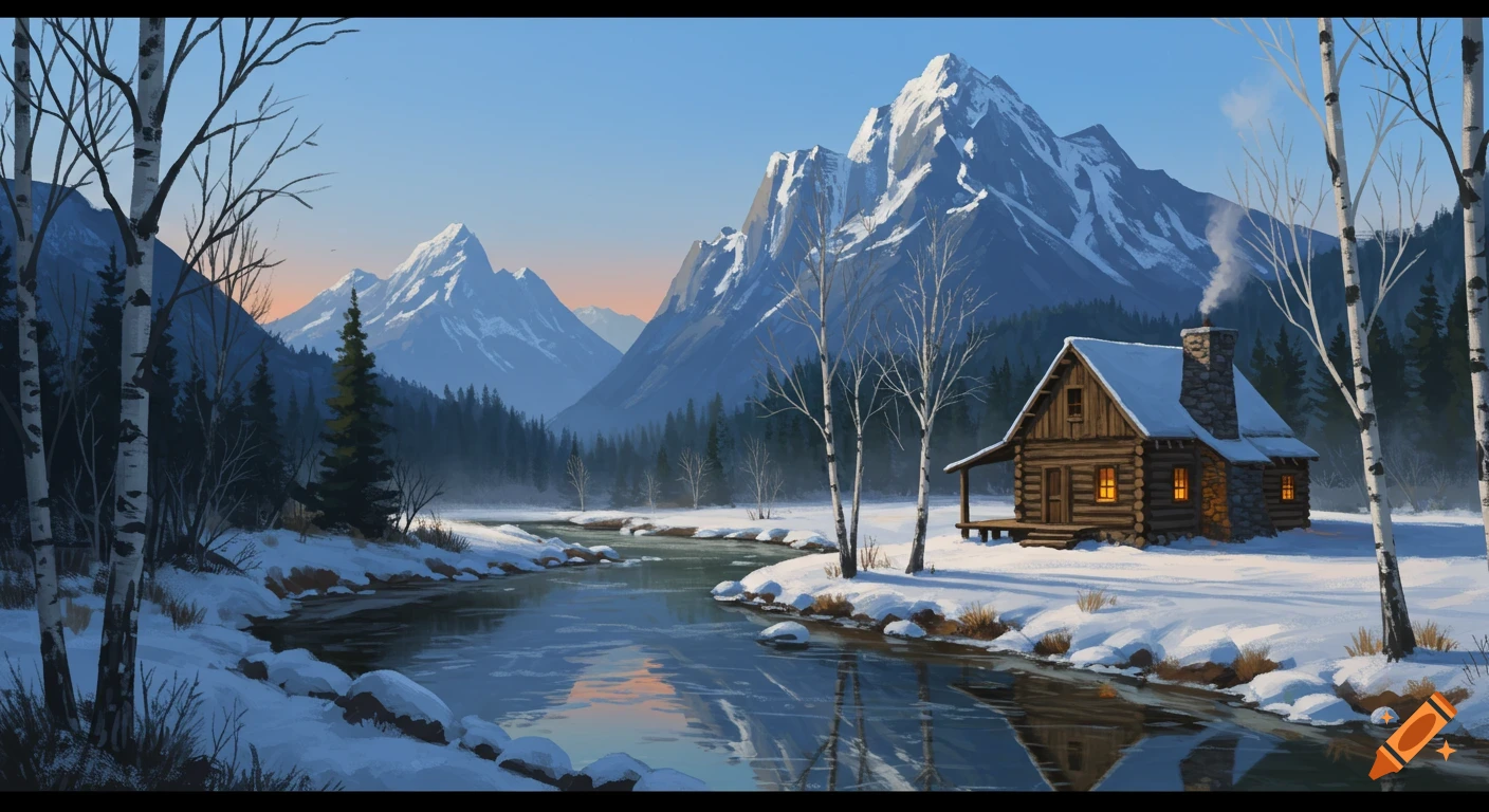 A cozy log cabin by a river with snowy mountains in the background, surrounded by snow and birch trees under a clear blue sky. Digital painting.