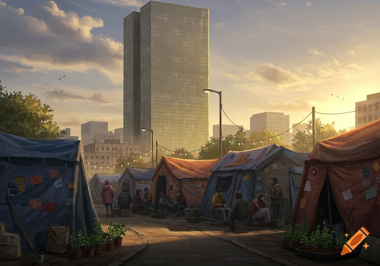 An illustration of a tent city at sunset, with people gathered around tents and a tall city building in the background.