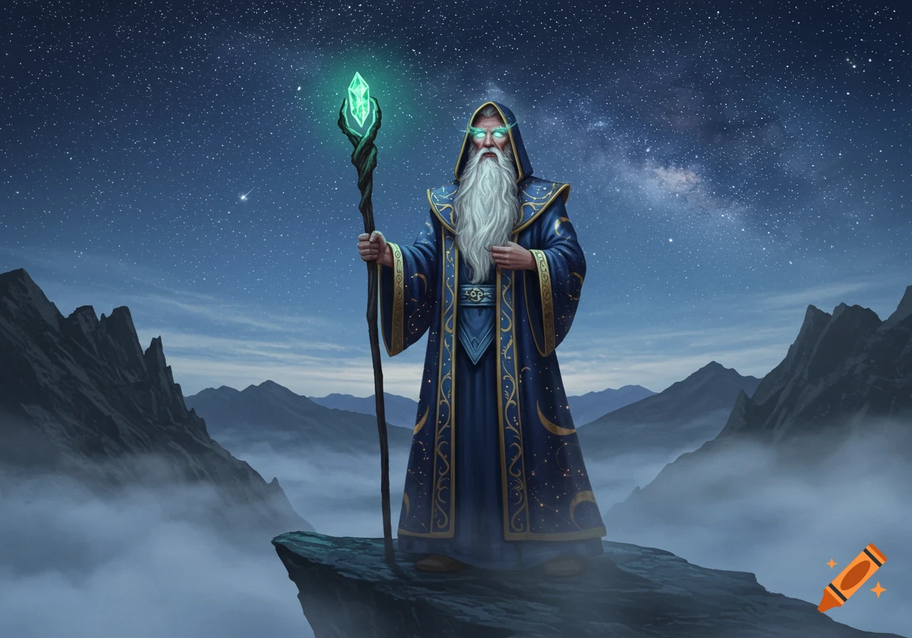 A wizard with a long white beard and glowing eyes stands on a mountain cliff, holding a glowing staff under a starry night sky.