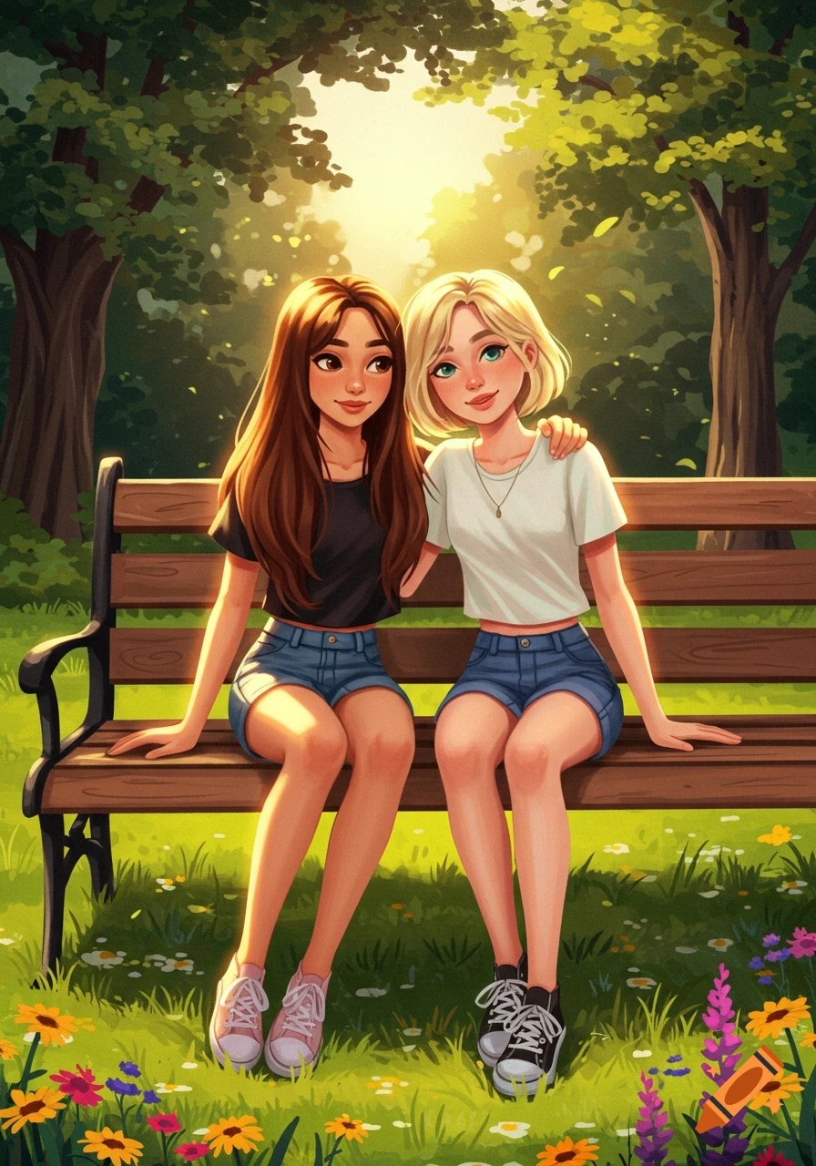 A stylized illustration of two young women, one with brown hair and one with blonde, sitting on a park bench surrounded by trees and flowers.
