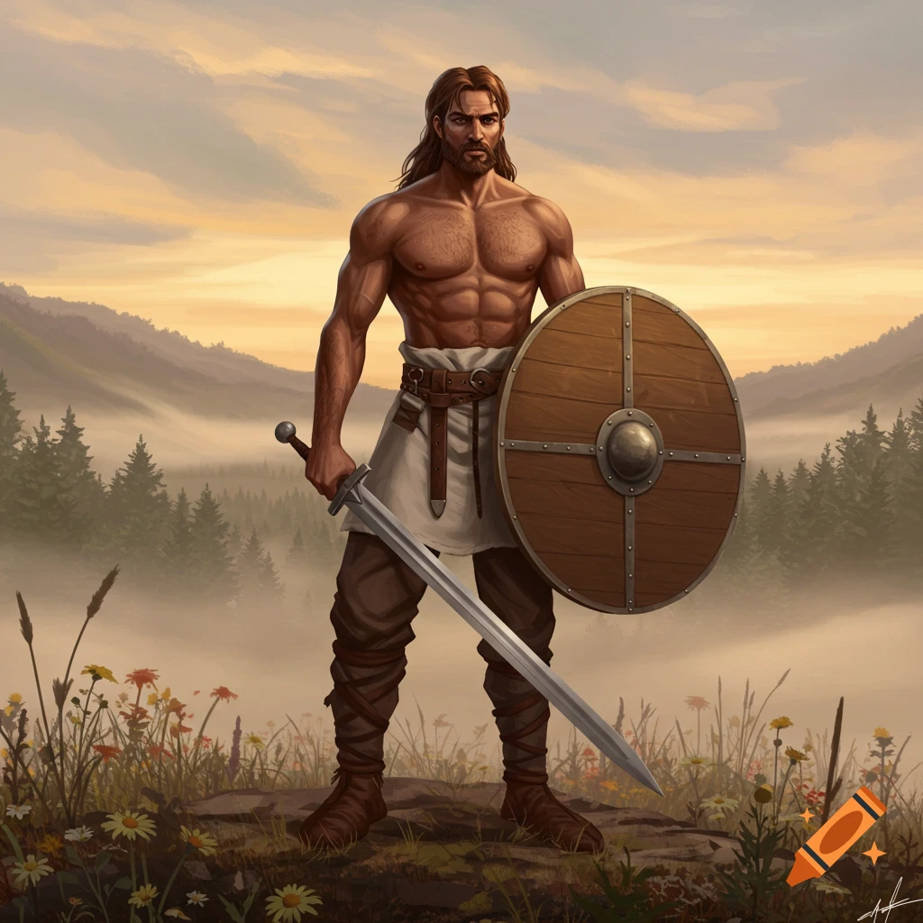 A muscular Gaulish warrior with long hair, holding a sword and round shield, stands on a grassy hill overlooking a misty forest at sunset. Digital painting.