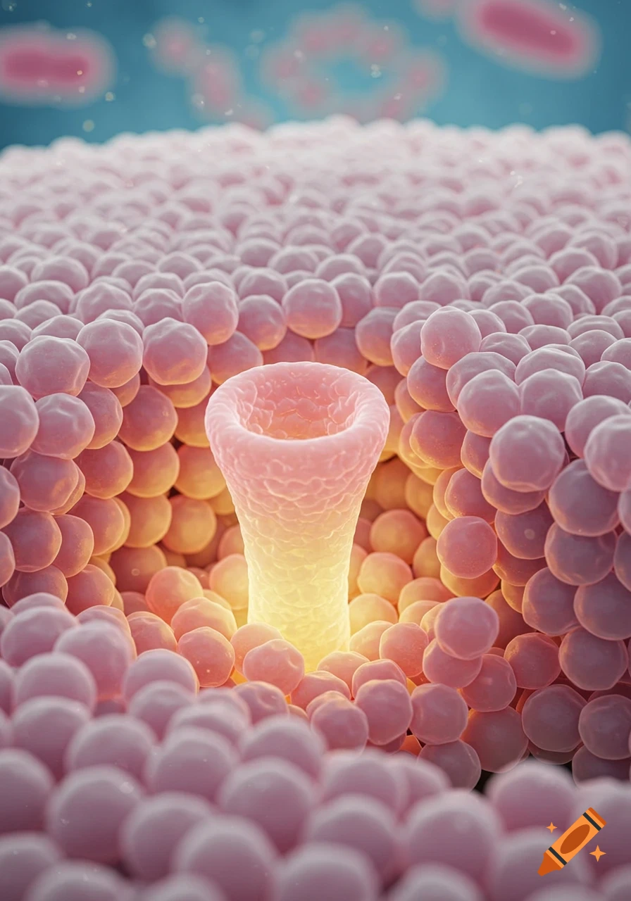A detailed 3D rendering of a biological nanopore glowing within a pink lipid bilayer against a blue background.