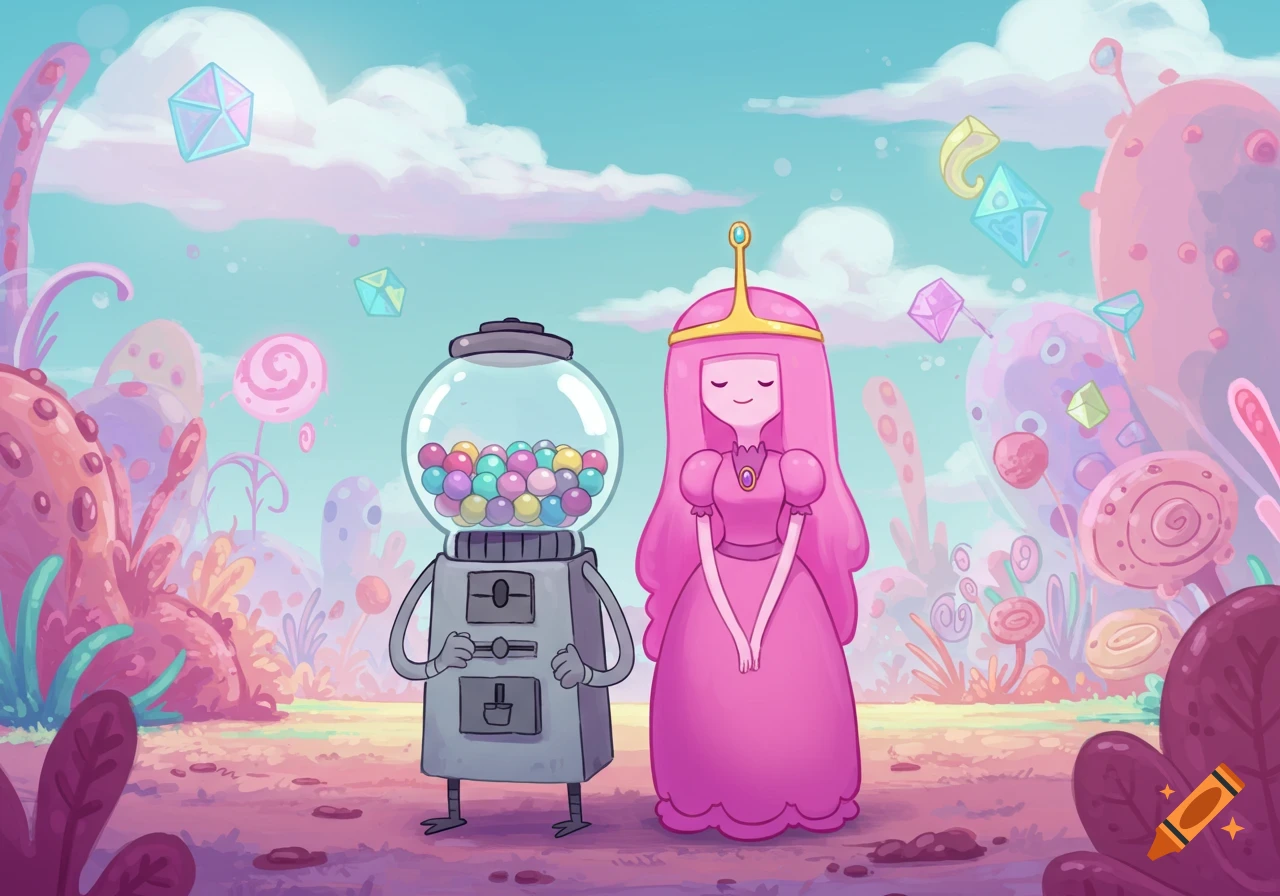 Cartoon Princess Bubblegum and a gumball machine character stand in a vibrant, whimsical candy landscape.