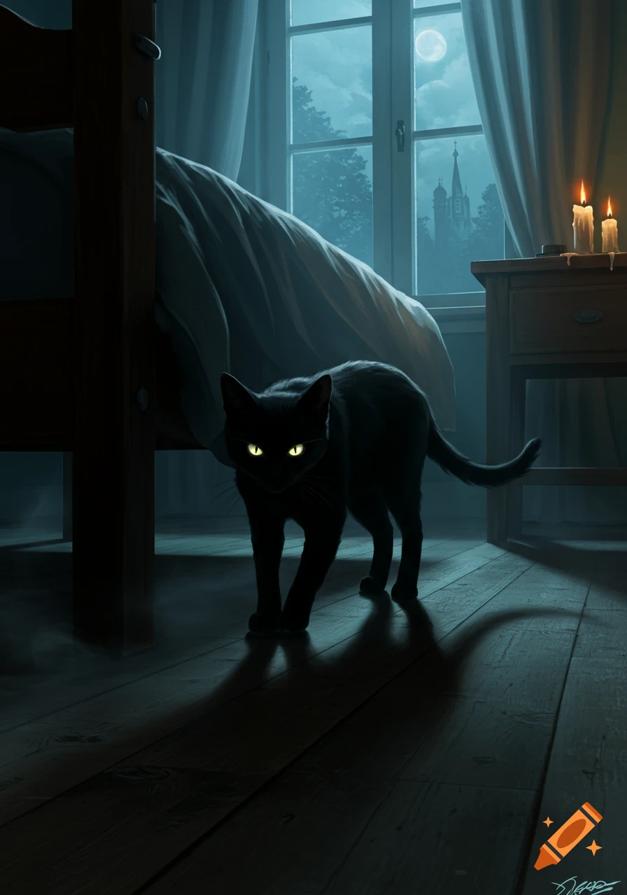 A black cat with glowing yellow eyes walks on a wooden floor in a moonlit bedroom, with a distant castle visible outside the window.