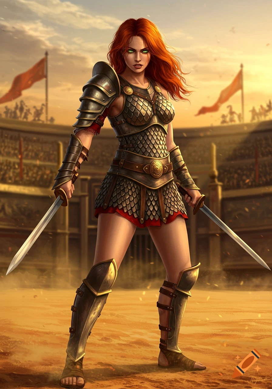 Red-haired female gladiator in scale mail armor holds twin swords in a sandy arena at sunset.