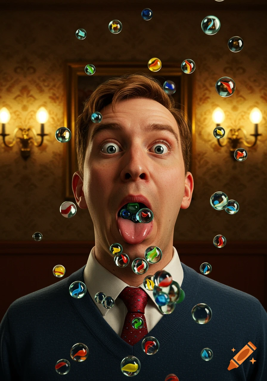 A man with wide eyes and his tongue out, full of colorful marbles, with more marbles floating around him in a room with sconces. Photorealistic style.