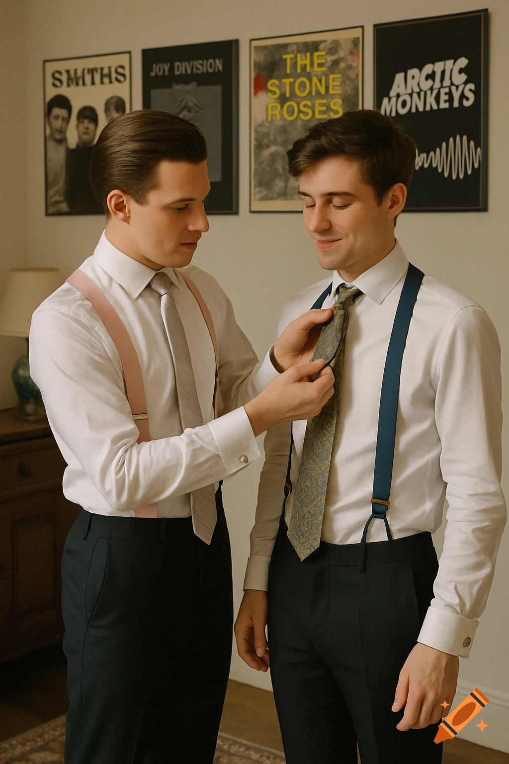 Two young men in shirts and suspenders, one adjusts the other's tie, with band posters on the wall.