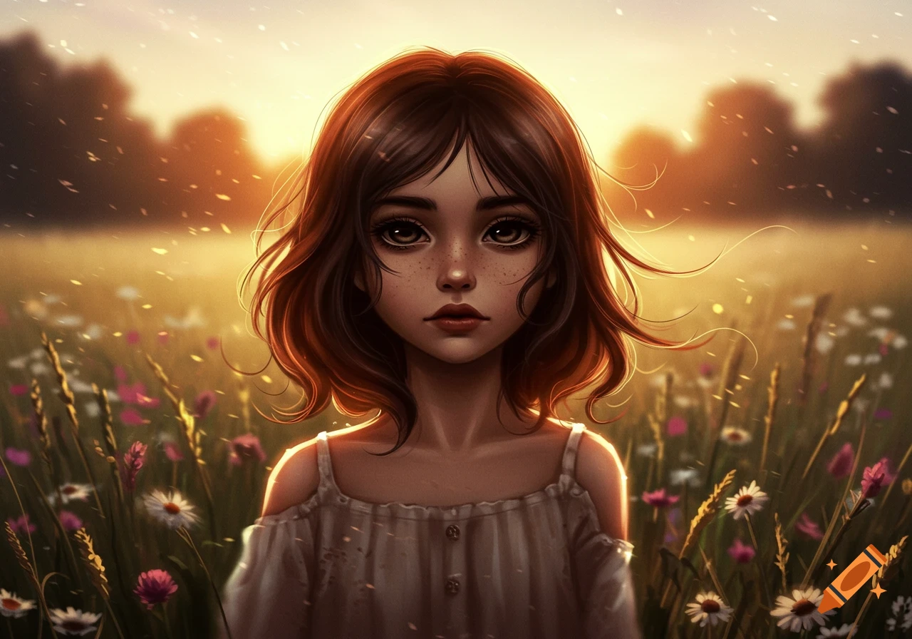 Stylized portrait of a young girl with brown hair and freckles in a sunlit field with wildflowers at sunset.