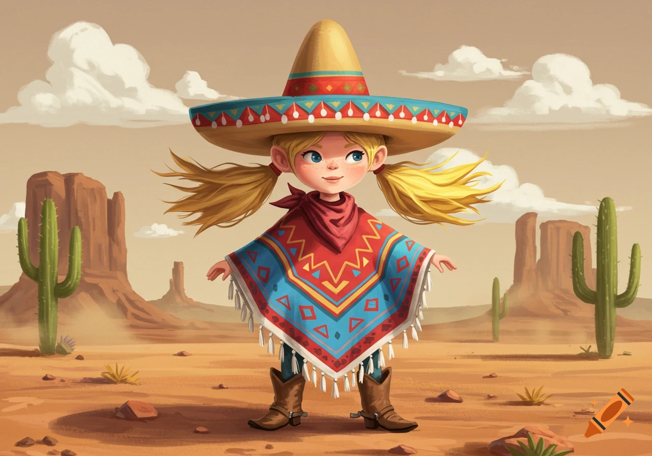 Cartoon girl with blonde pigtails in a sombrero, colorful poncho, and cowboy boots stands in a desert with cacti.
